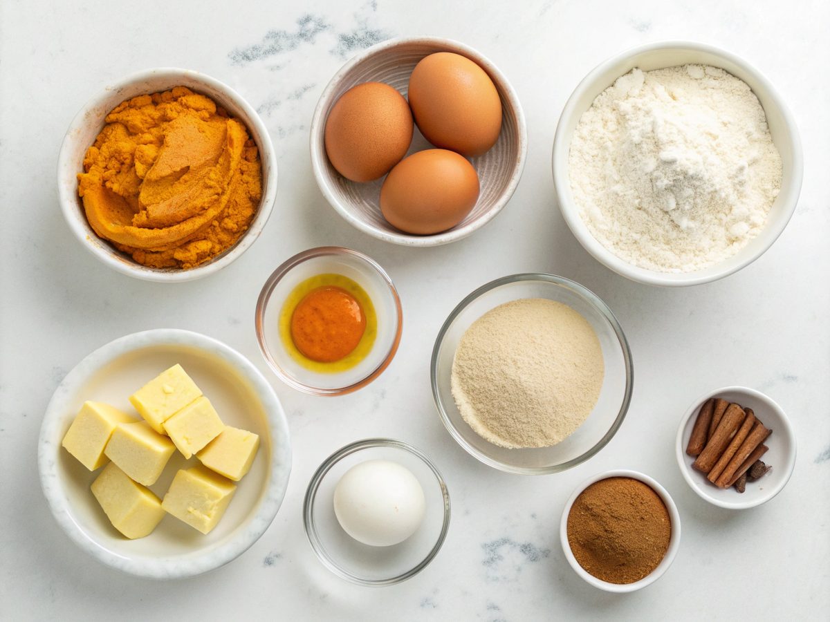 Flat lay of key ingredients for keto pumpkin cheesecake bars