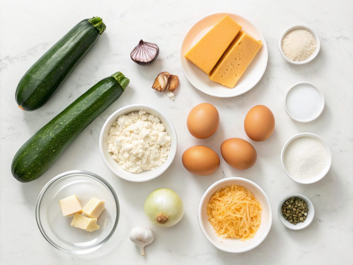 Ingredients for making keto zucchini breakfast casserole, featuring zucchini and eggs