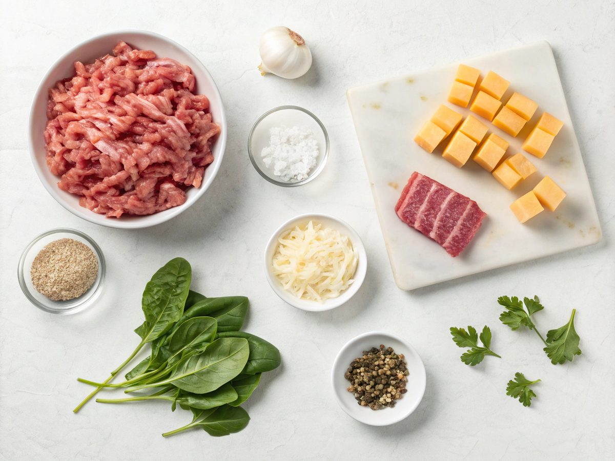 Low carb ground beef bacon ingredients: beef, bacon, cheese, spinach on a counter.