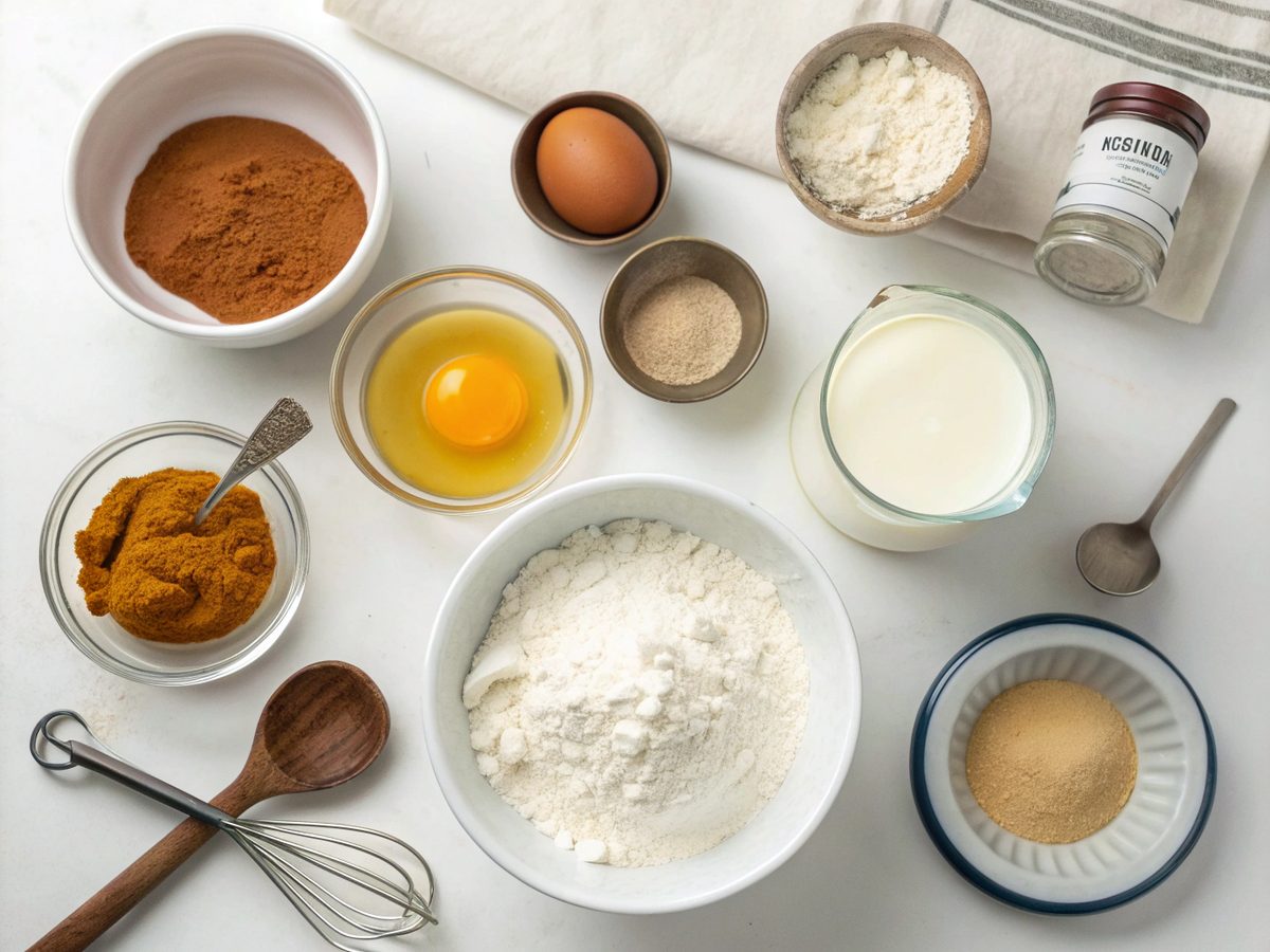 Top view of the ingredients needed to make pumpkin pancakes