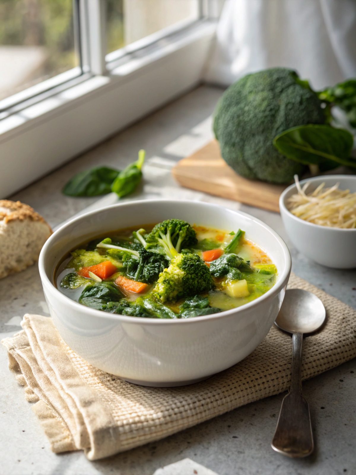 Broccoli and Spinach Keto Stew served in a white bowl, top view