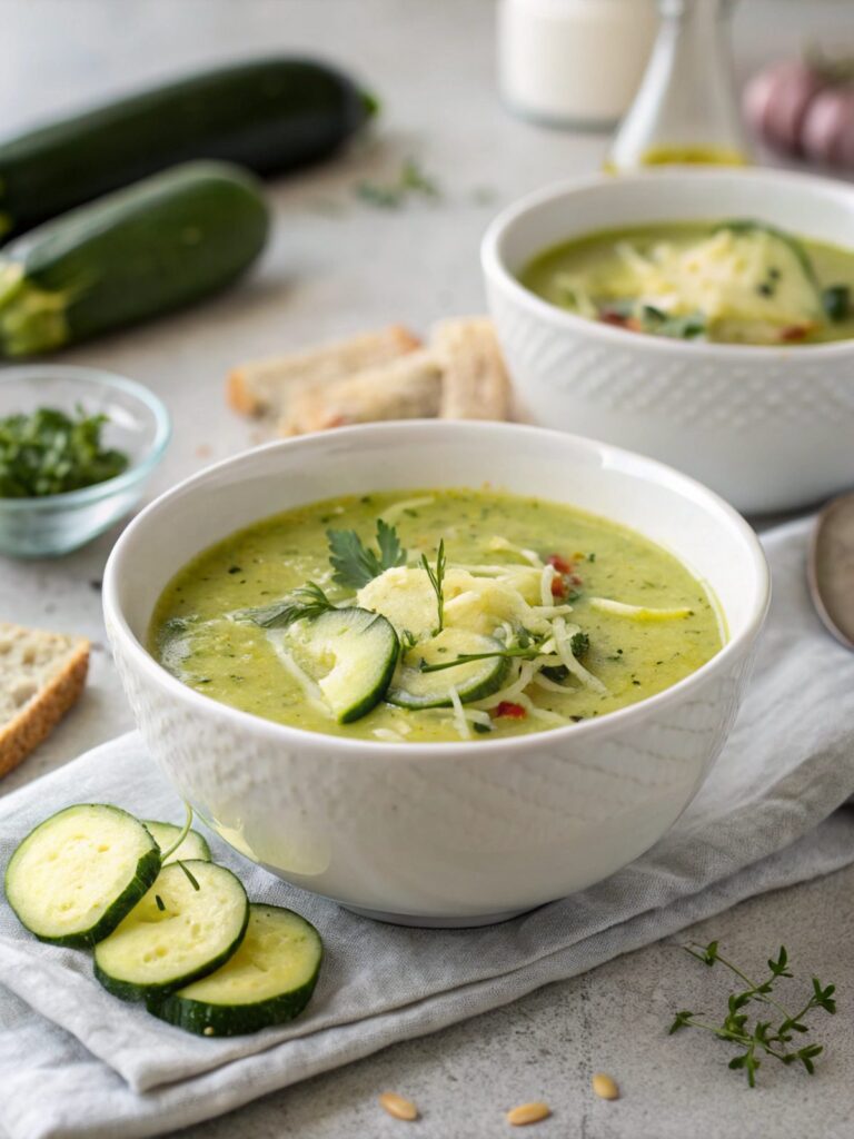 Delicious zucchini low carb keto soup in a bowl, served with garnish