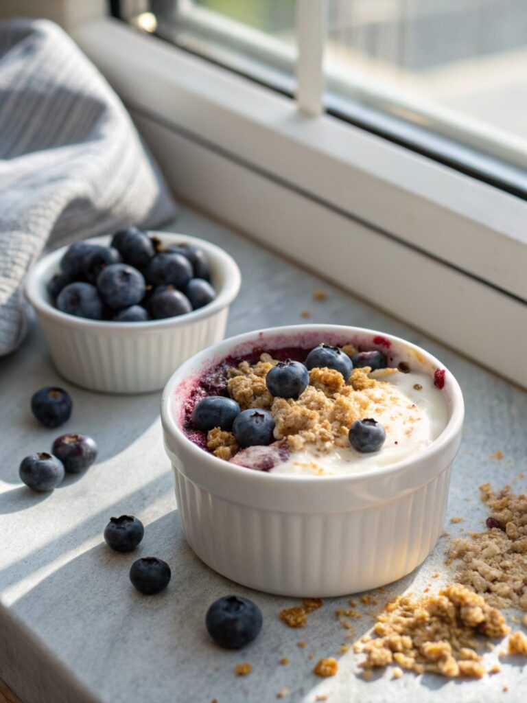 Indulgent Blueberry Crumble Protein Yogurt, a healthy dessert with granola topping, in focus.