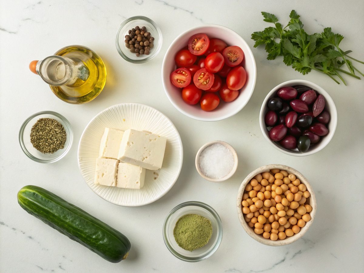 Ingredients for making Halloumi Chickpea Greek Salad