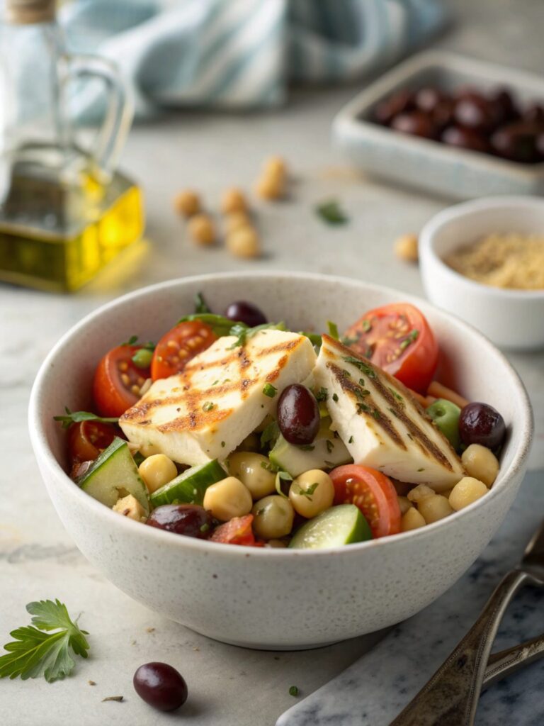 Delicious and vibrant Halloumi Chickpea Greek Salad Recipe