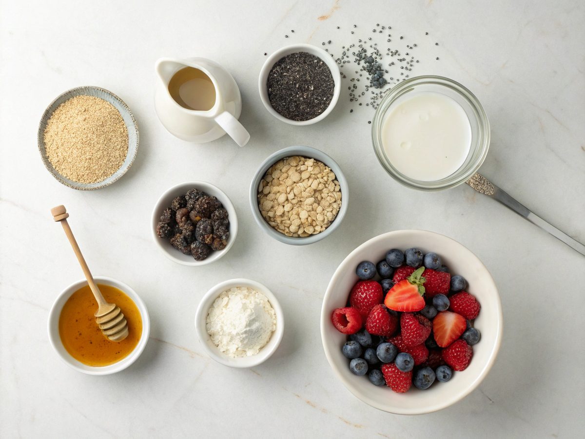 A beautifully arranged set of ingredients for protein oats chia pudding recipe.