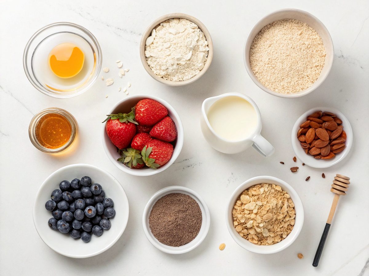 Flat lay of protein oats chia pudding ingredients on a kitchen counter.