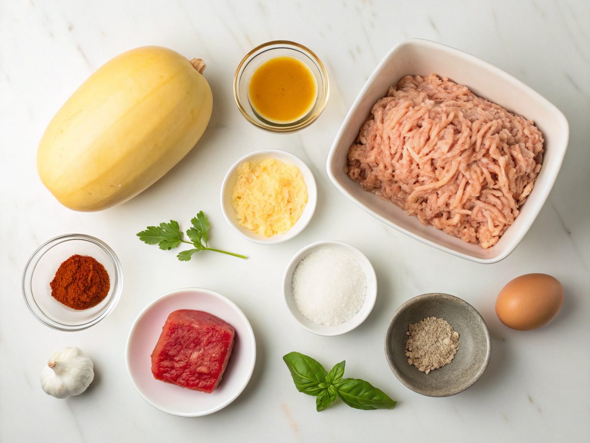 Visual display of ingredients for turkey meatballs marinara spaghetti squash