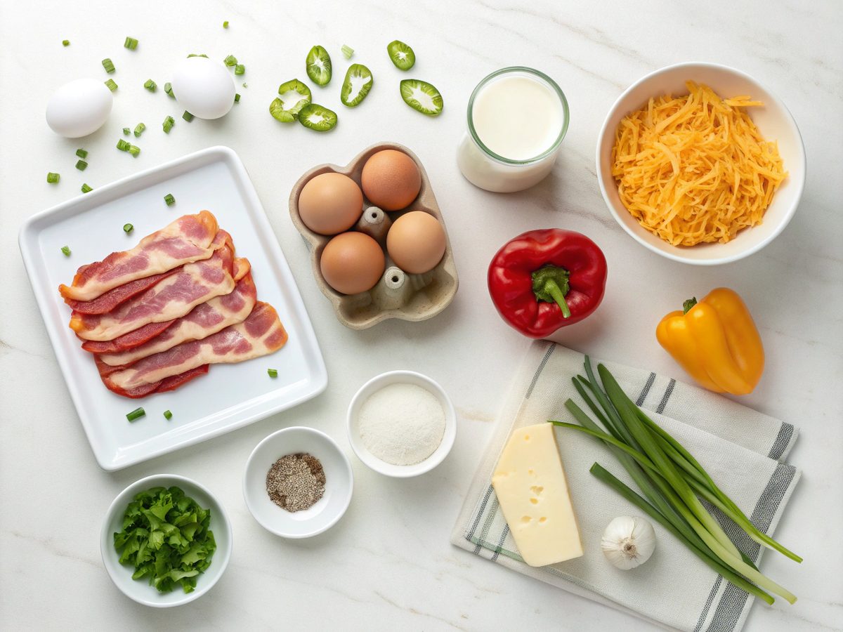 Visual layout of ingredients for turkey bacon egg muffins recipe.