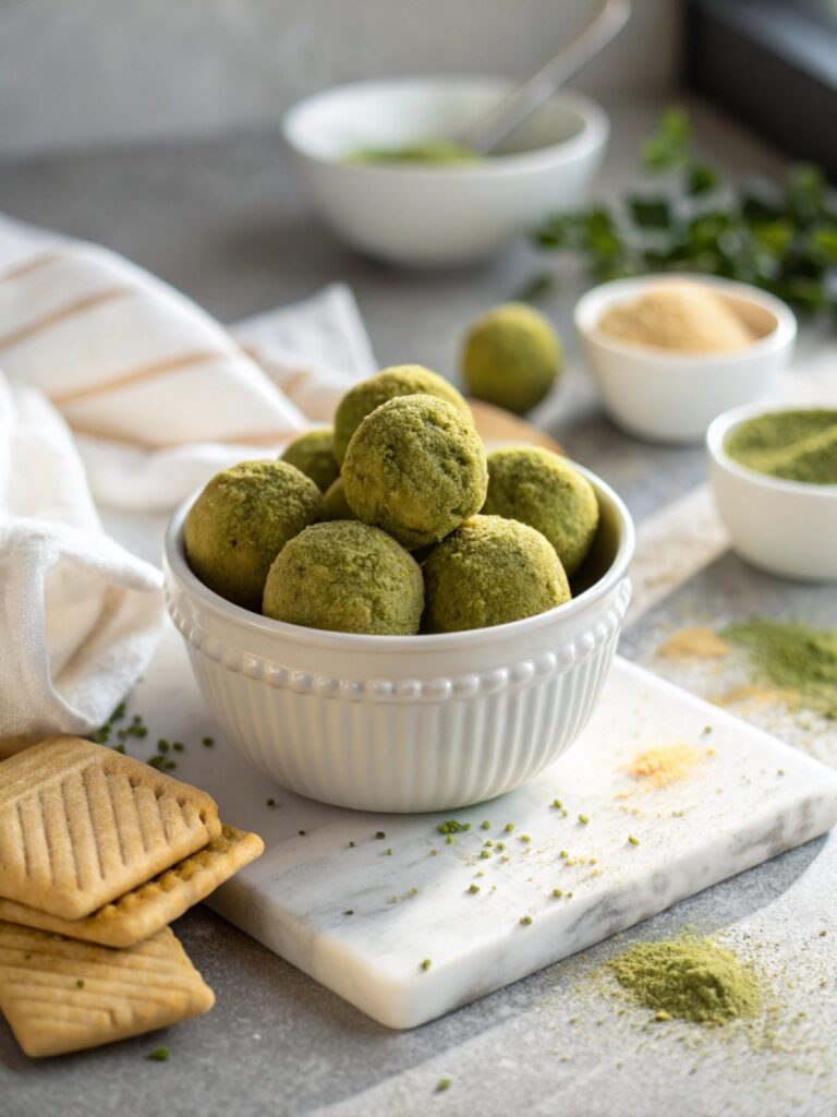 Close-up of Matcha White Chocolate Protein Truffles
