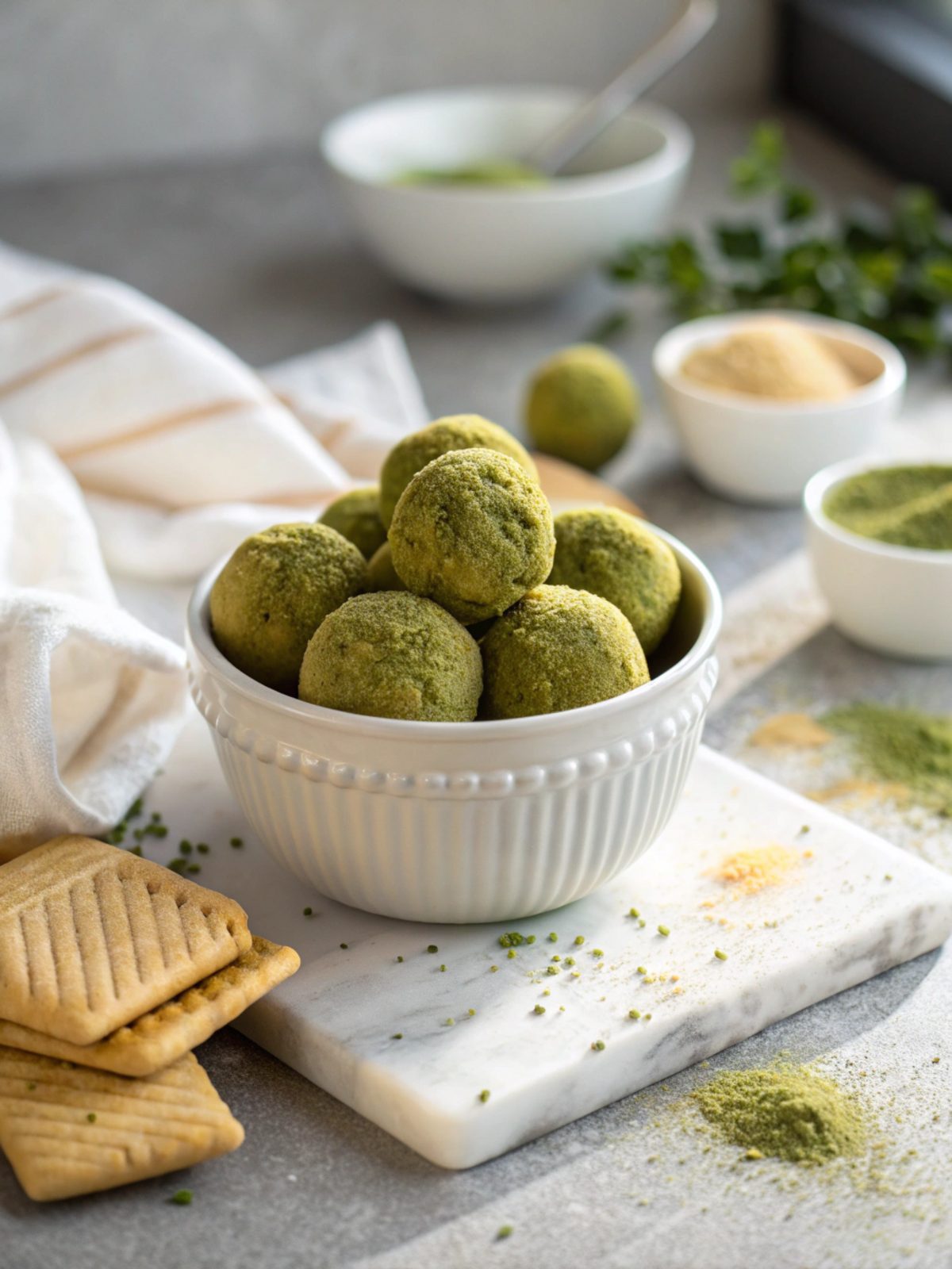 Close-up of Matcha White Chocolate Protein Truffles