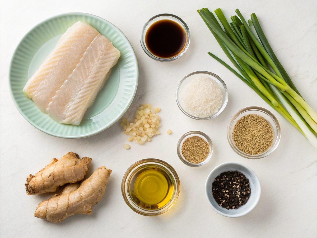 Ingredients for preparing miso cod with brown rice, featuring cod fillets and miso paste.
