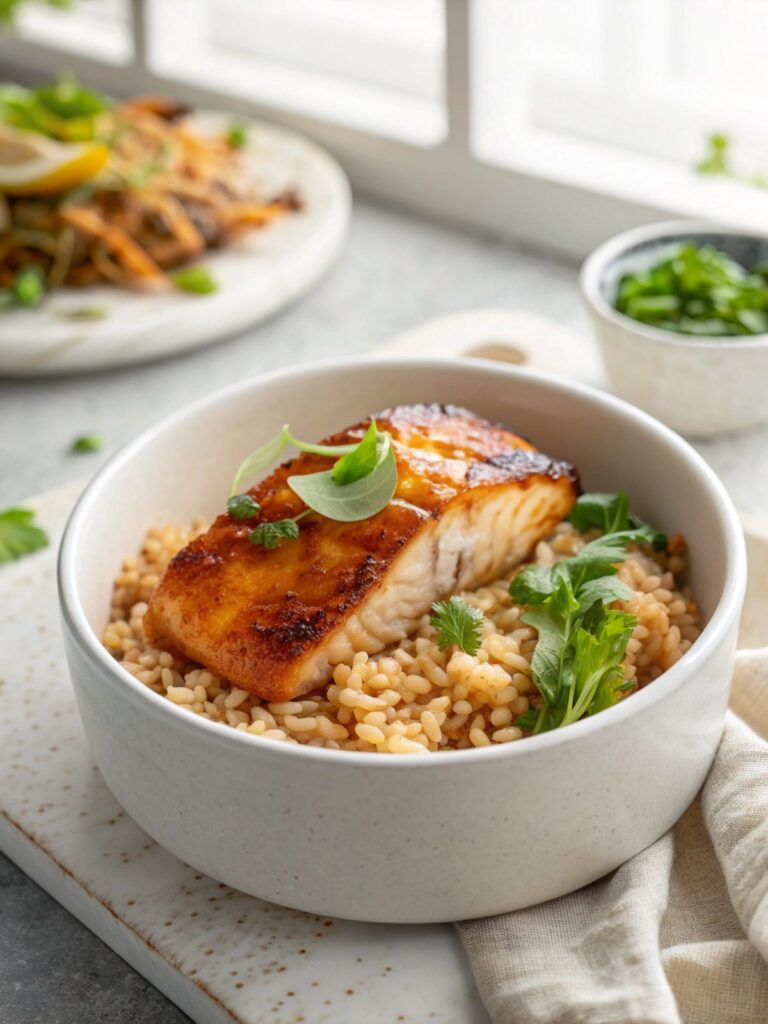 Featured image of Miso Cod with Brown Rice, showcasing a beautifully plated dish.