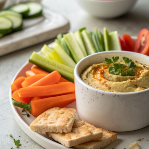 SEO-friendly alt text describing the featured image, including the protein hummus veggie dippers recipe