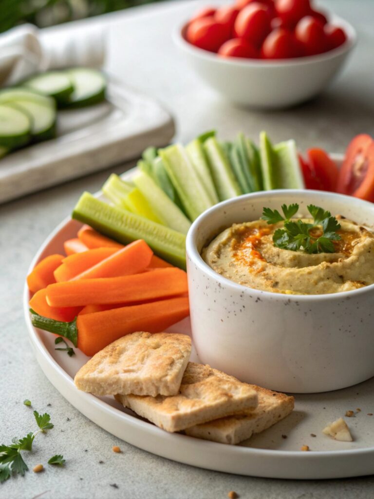 SEO-friendly alt text describing the featured image, including the protein hummus veggie dippers recipe