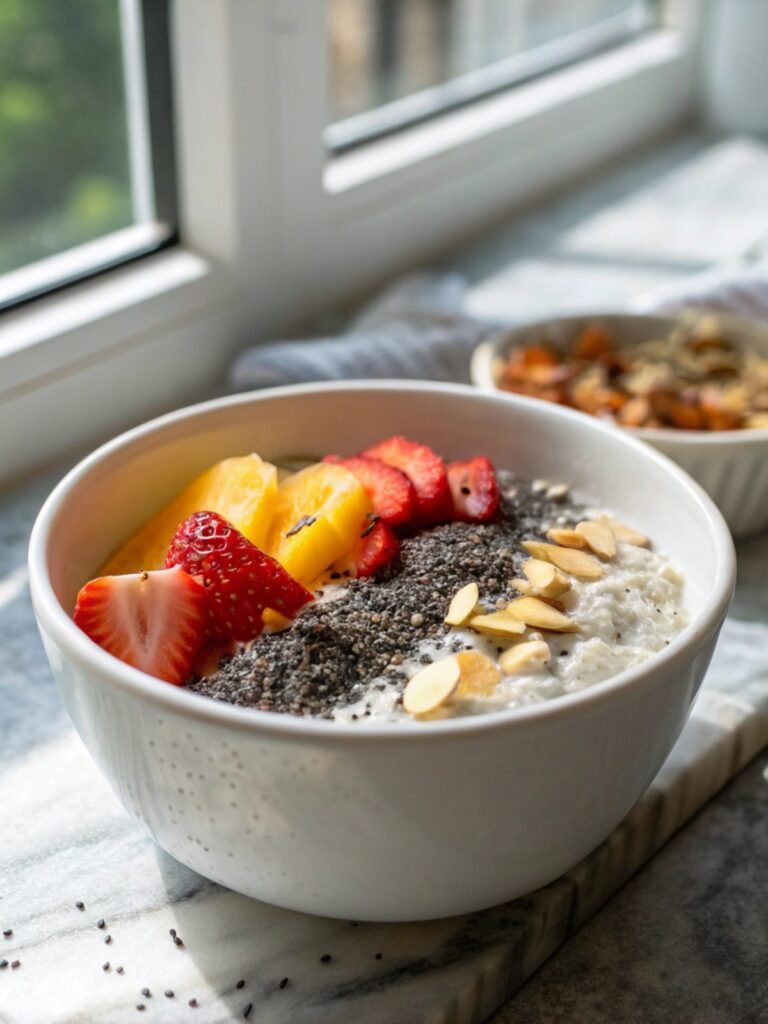Beautifully styled protein oats chia pudding ready to serve.