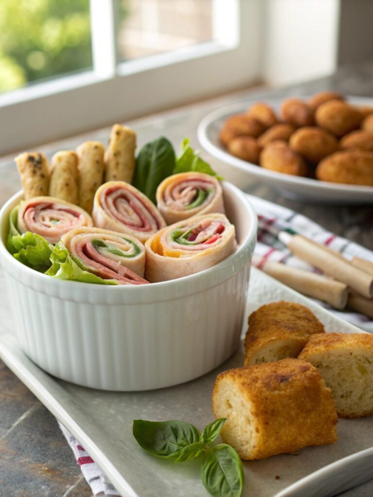 Featured image of turkey roll ups cheese sticks on a serving platter.