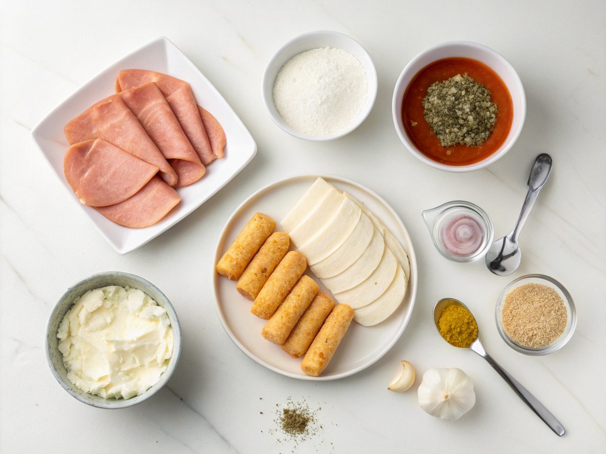 Ingredients for making turkey roll ups cheese sticks, including turkey, cheese, and spices.