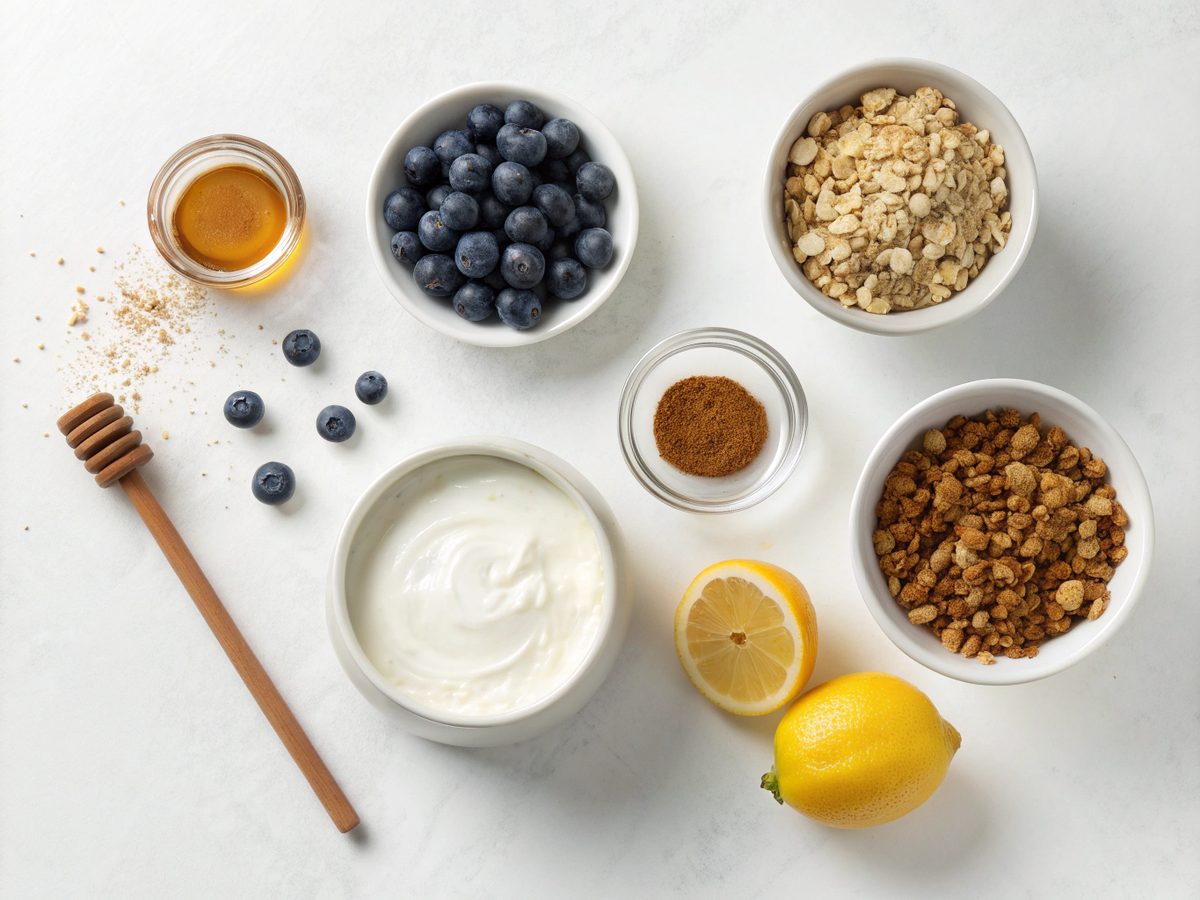 Ingredients for the Blueberry Crumble Protein Yogurt Recipe arranged artistically