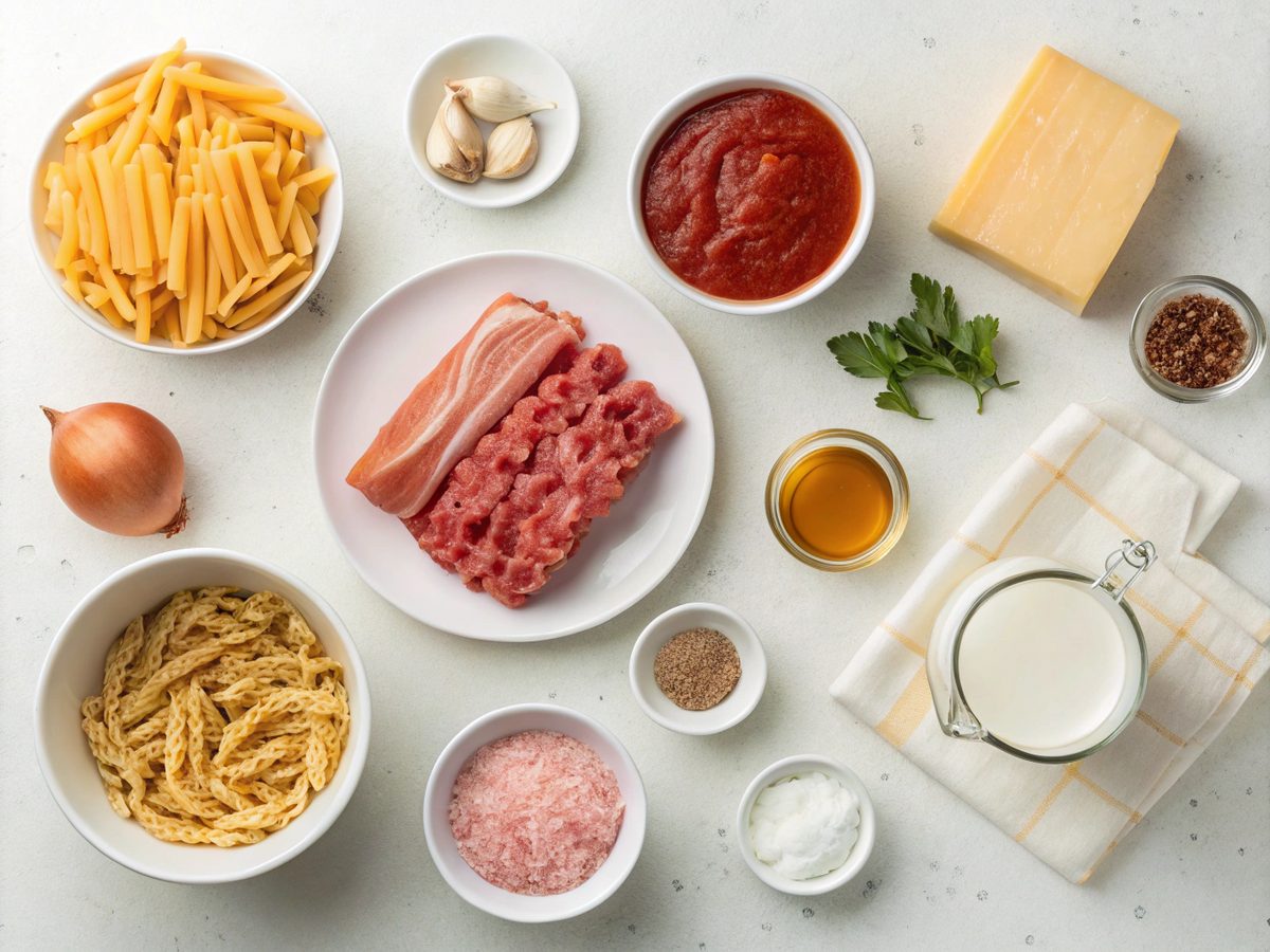 Ingredients for Bacon Cheeseburger Pasta laid out on a counter