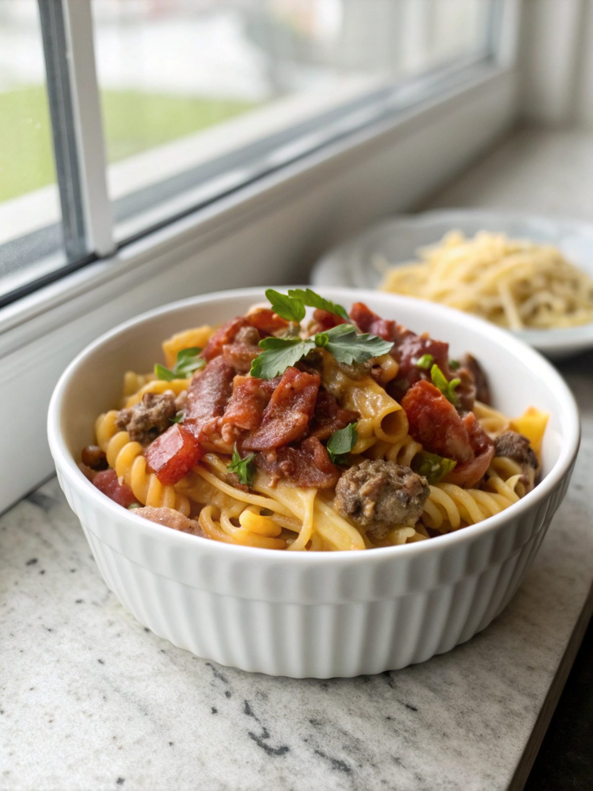 Beautifully plated Bacon Cheeseburger Pasta