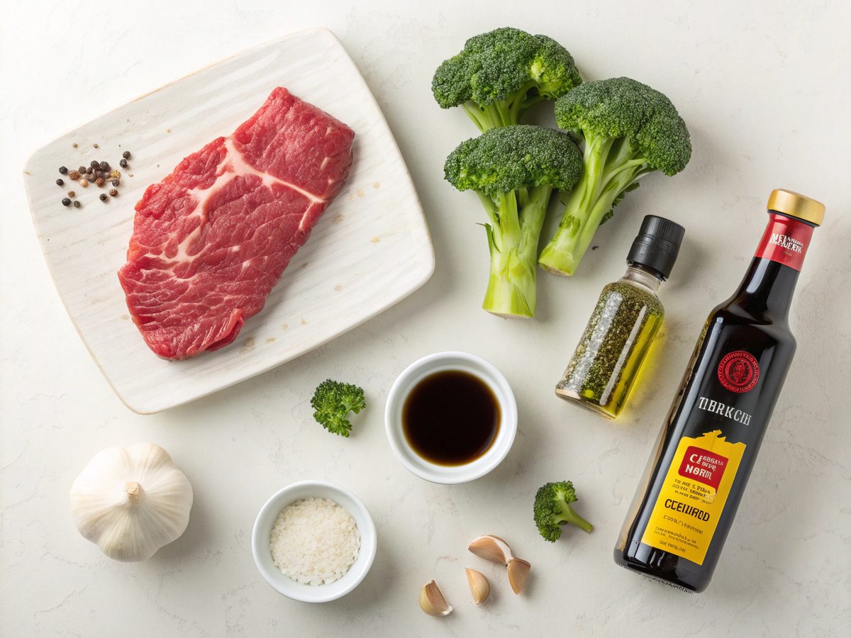 Flat lay of beef and broccoli skillet ingredients