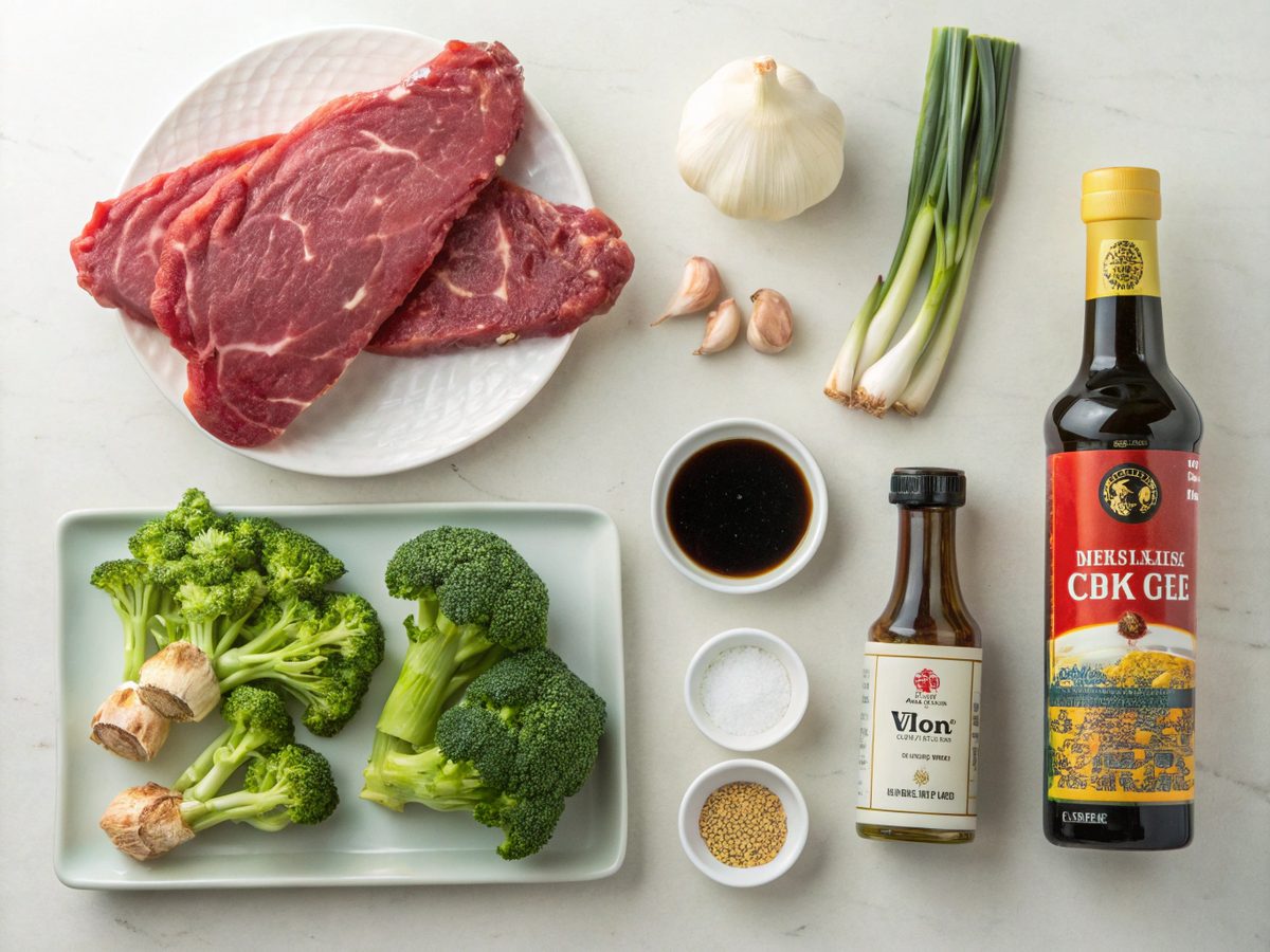 Top view of ingredients for Beef Broccoli with Garlic Ginger Sauce