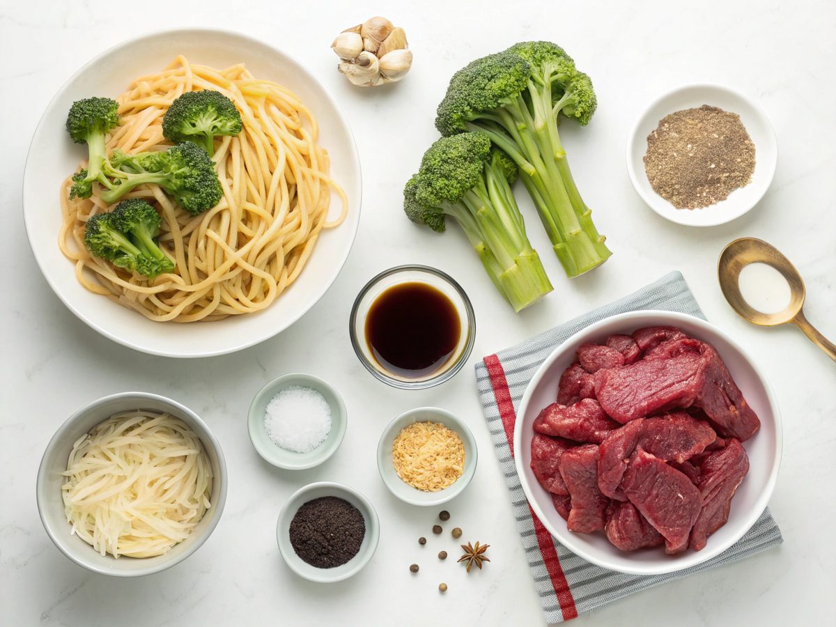 Ingredients for making beef broccoli lo mein recipe
