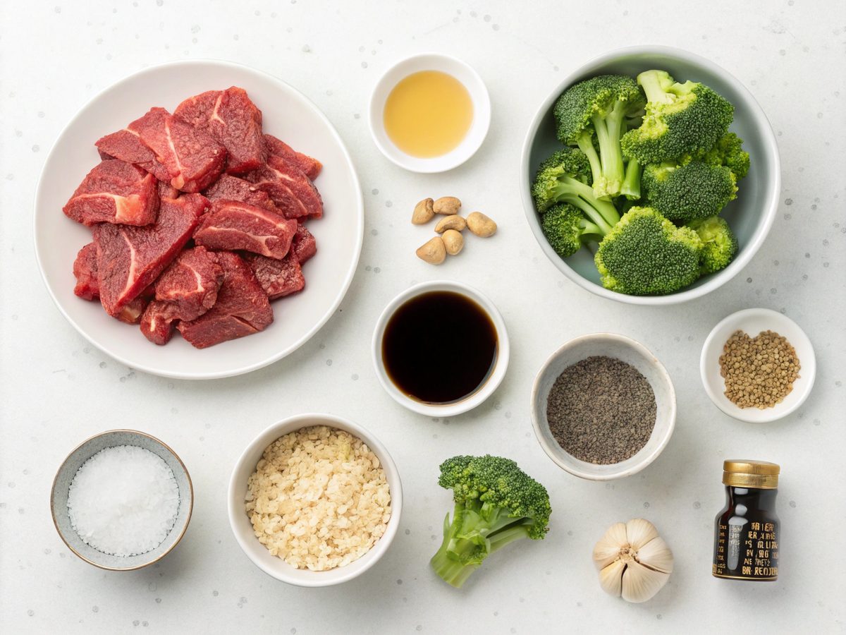Ingredients for beef broccoli stir-fry recipe, featuring sliced beef and fresh broccoli.