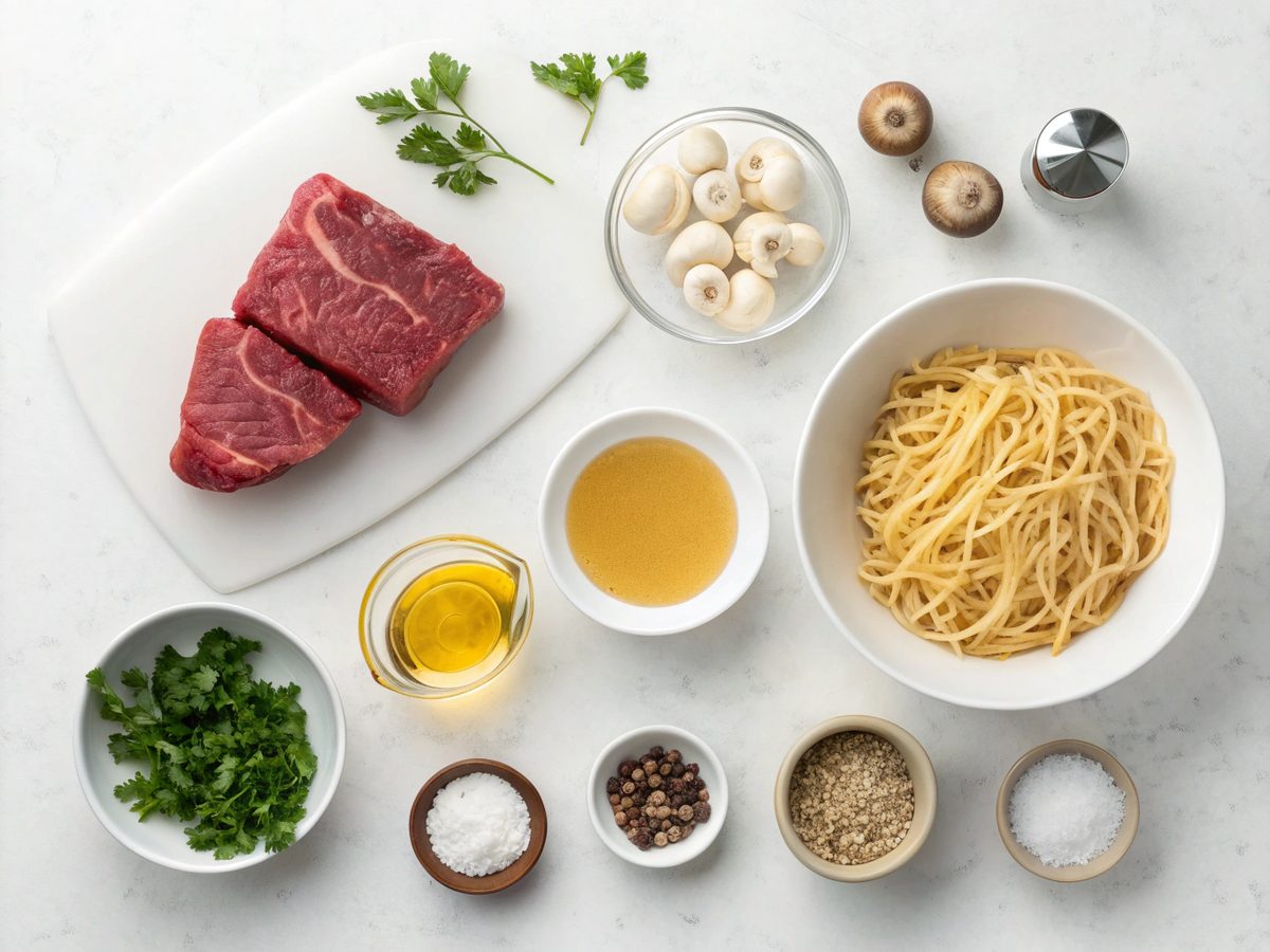 Ingredients for making delicious beef stroganoff recipe