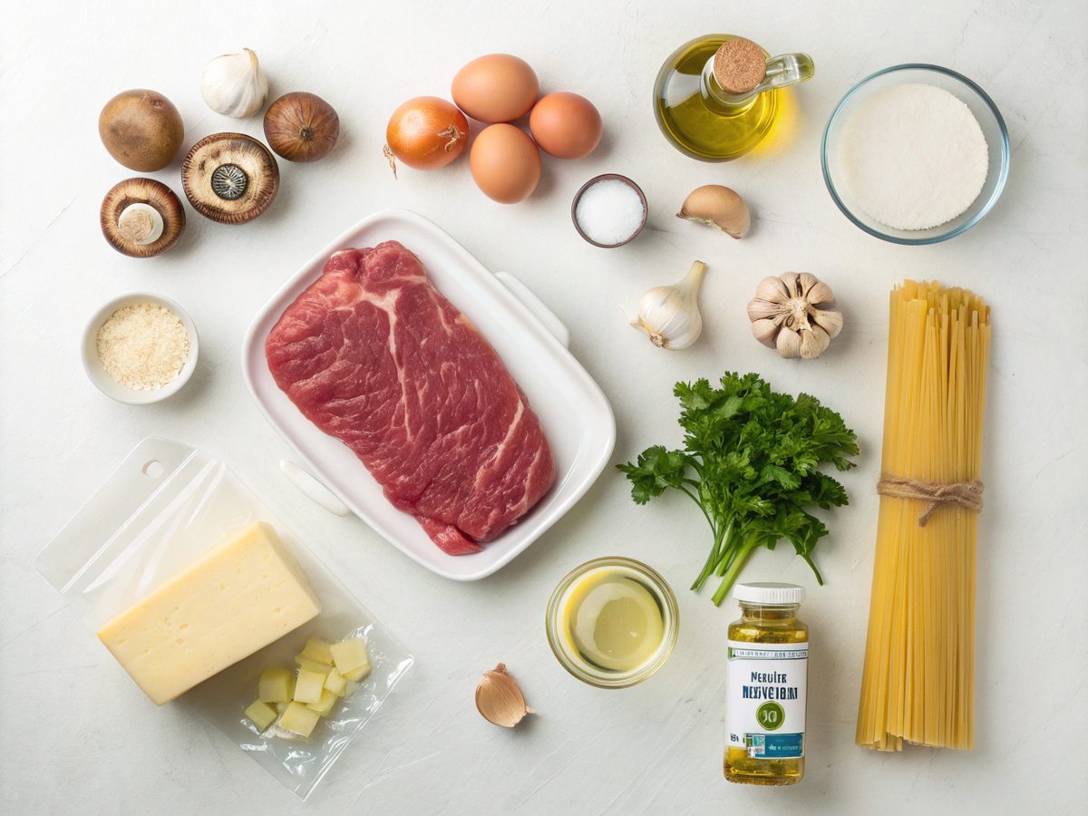 Ingredients for making beef stroganoff with egg noodles