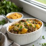 Featured image of cheesy beef potato casserole, showcasing its crispy golden top.