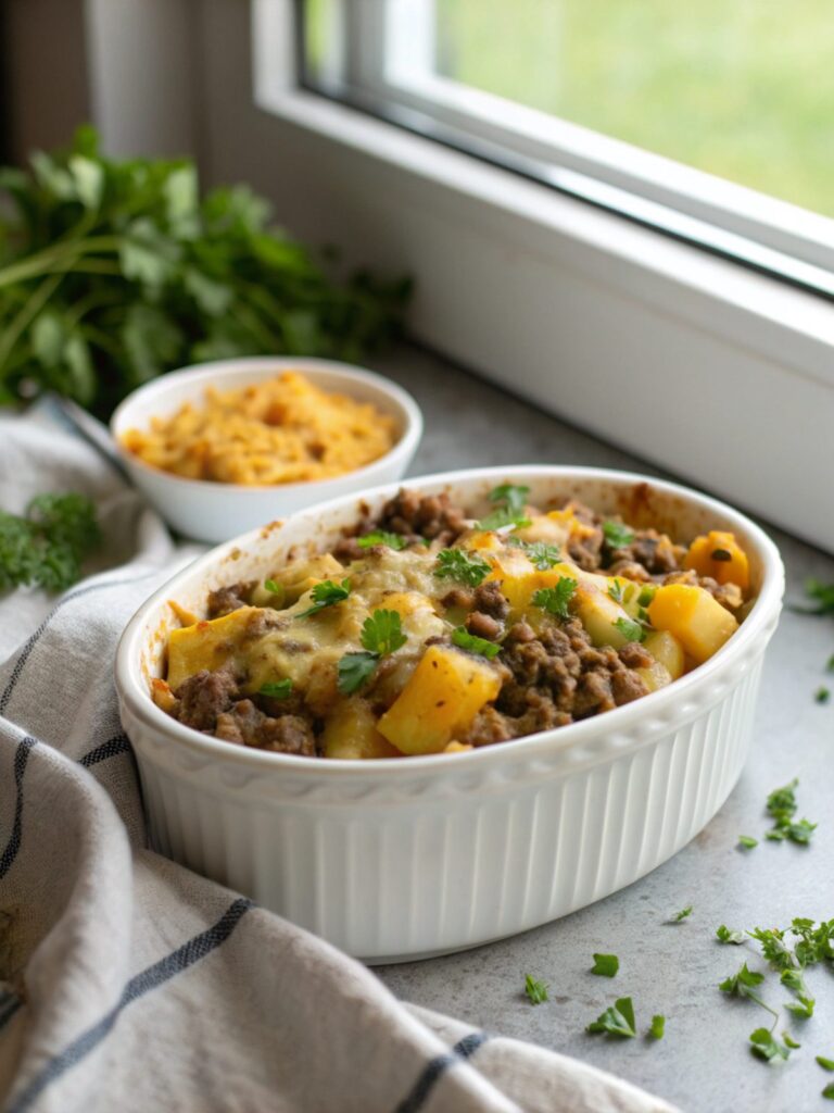 Featured image of cheesy beef potato casserole, showcasing its crispy golden top.