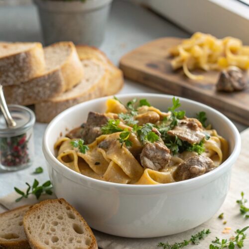 An inviting hero shot of cheesy beef stroganoff recipe, showcasing its creamy and cheesy glory.