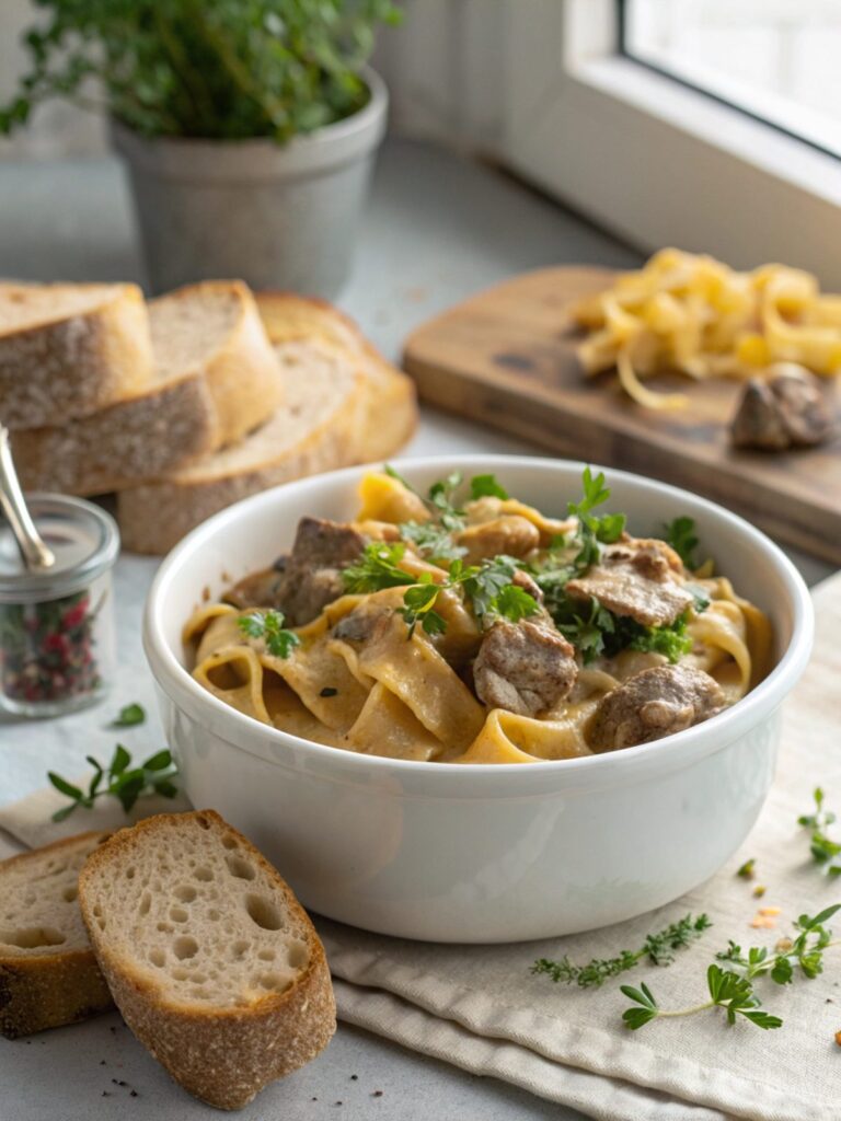 An inviting hero shot of cheesy beef stroganoff recipe, showcasing its creamy and cheesy glory.