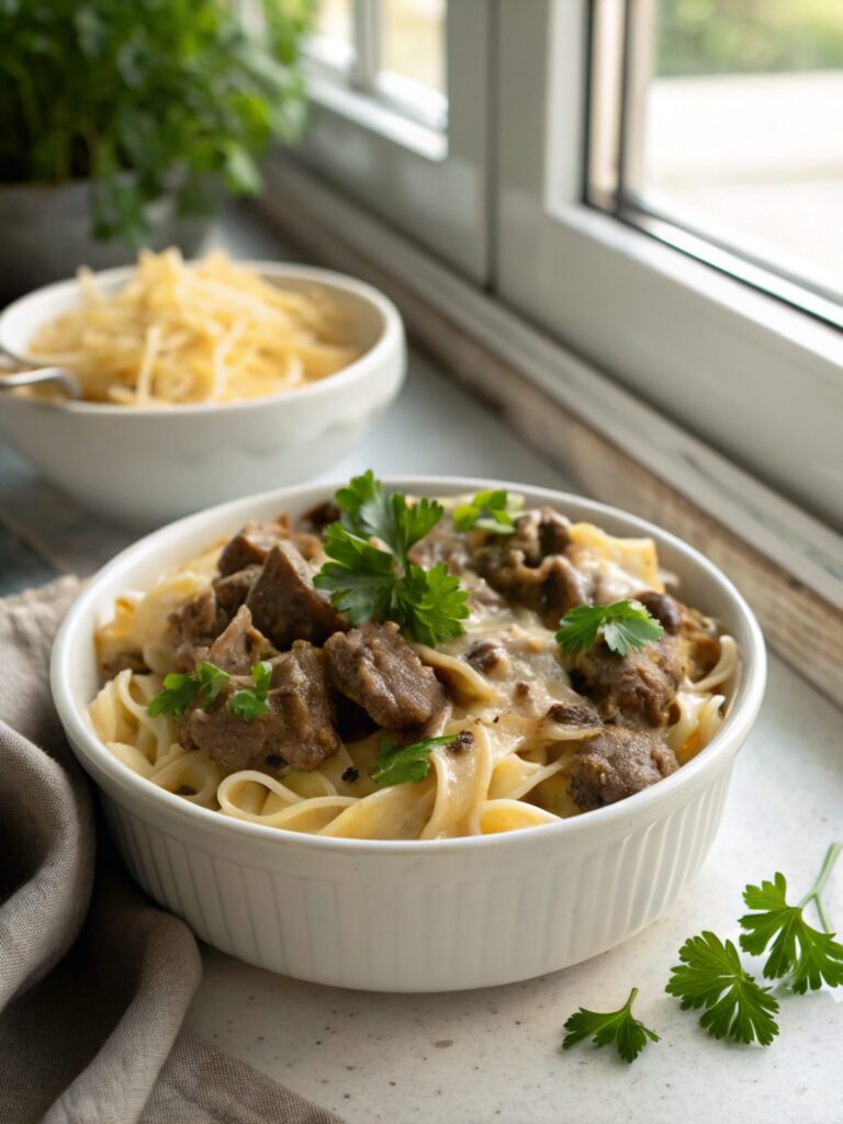 SEO-friendly alt text describing the featured image of Cheesy Beef Stroganoff Recipe