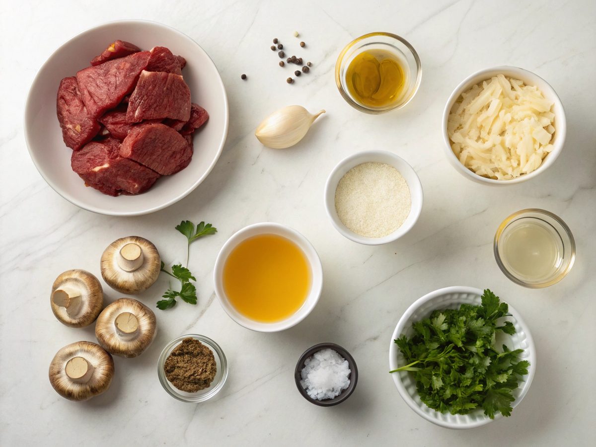 An SEO-friendly alt tag describing the image of Cheesy Beef Stroganoff Recipe ingredients.