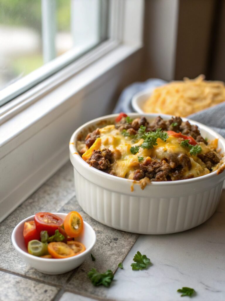 Feature image of Cheesy Ground Beef Hobo Casserole dish.