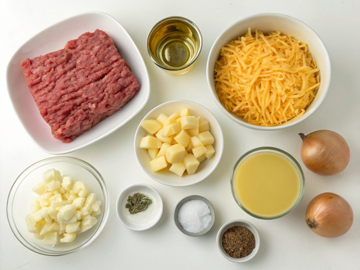 Flat lay of ingredients for Cheesy Ground Beef Hobo Casserole