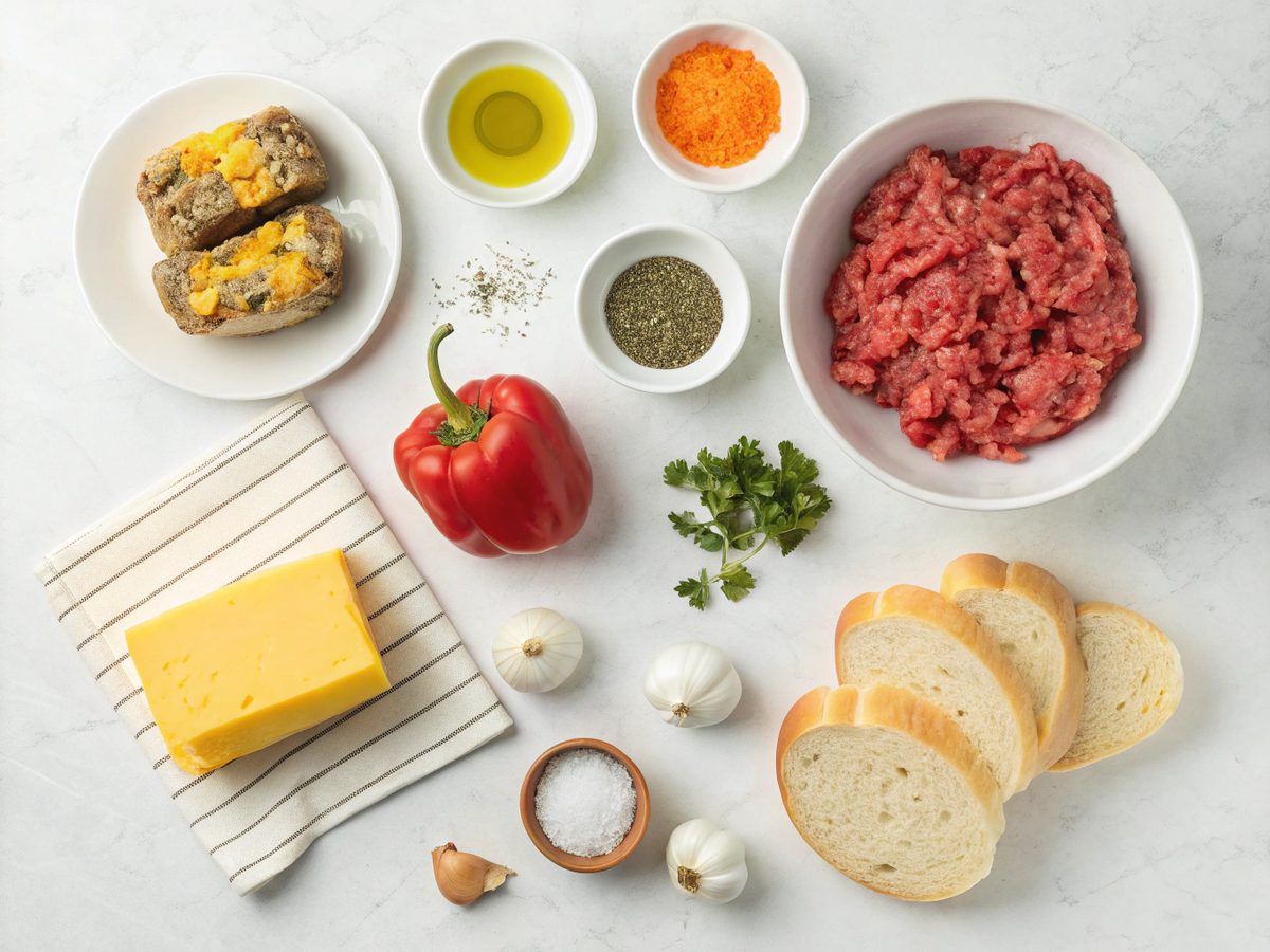 All ingredients for cheesy ground beef melt laid out on the counter.