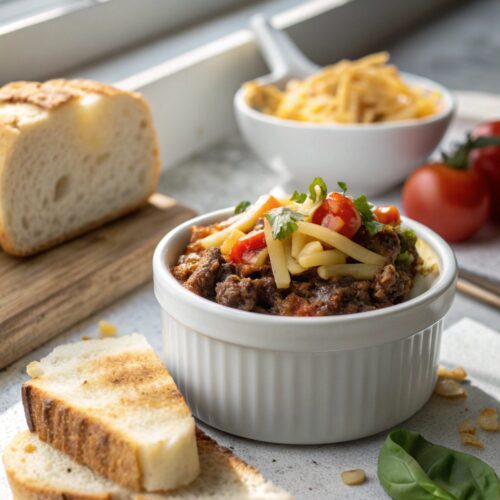 Close-up view of the cheesy ground beef melt on a plate