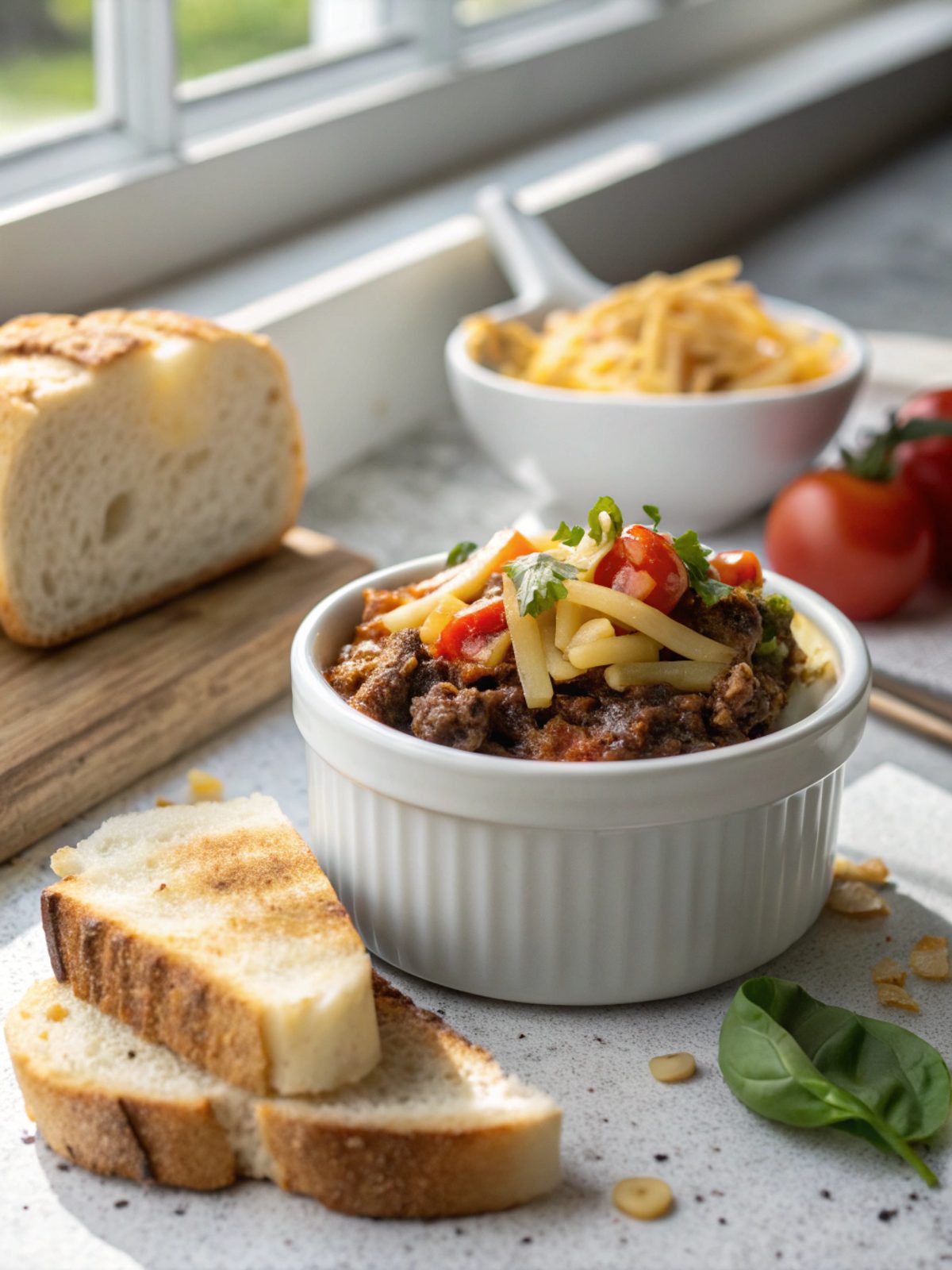 Close-up view of the cheesy ground beef melt on a plate