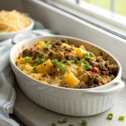 Cheesy ground beef potato casserole with golden bubbly cheese topping.