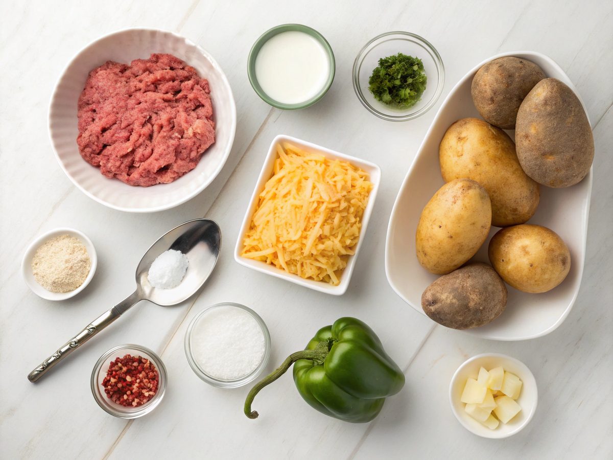 Flat lay of ingredients for cheesy ground beef potato casserole