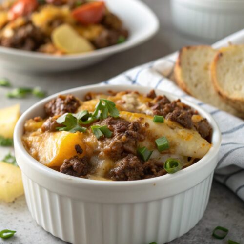 Cheesy ground beef potato casserole in a serving dish, hot and ready to enjoy
