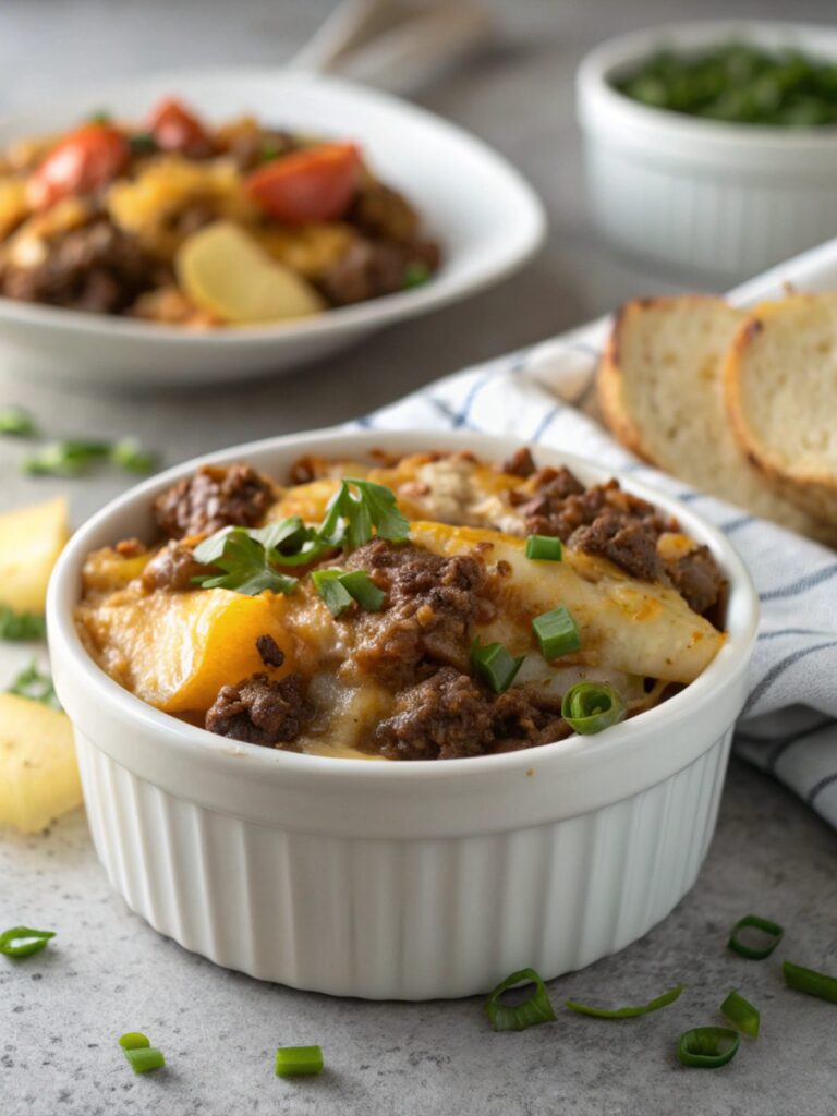 Cheesy ground beef potato casserole in a serving dish, hot and ready to enjoy