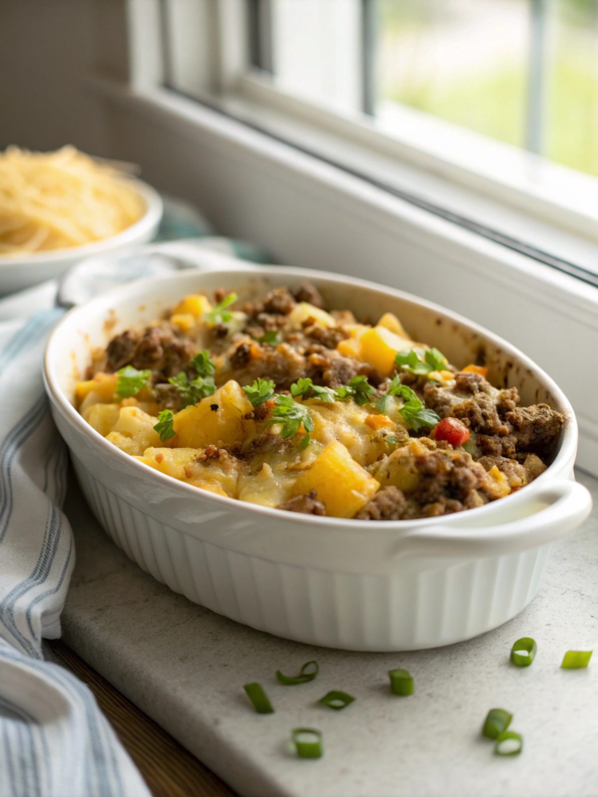 Cheesy ground beef potato casserole with golden bubbly cheese topping.