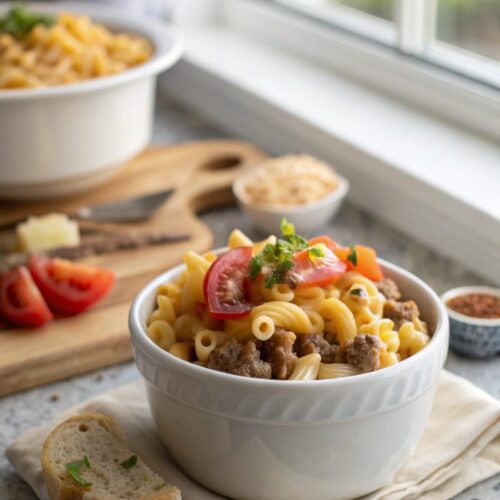 SEO-friendly alt text describing the featured image of Cheesy Hamburger Helper Pasta