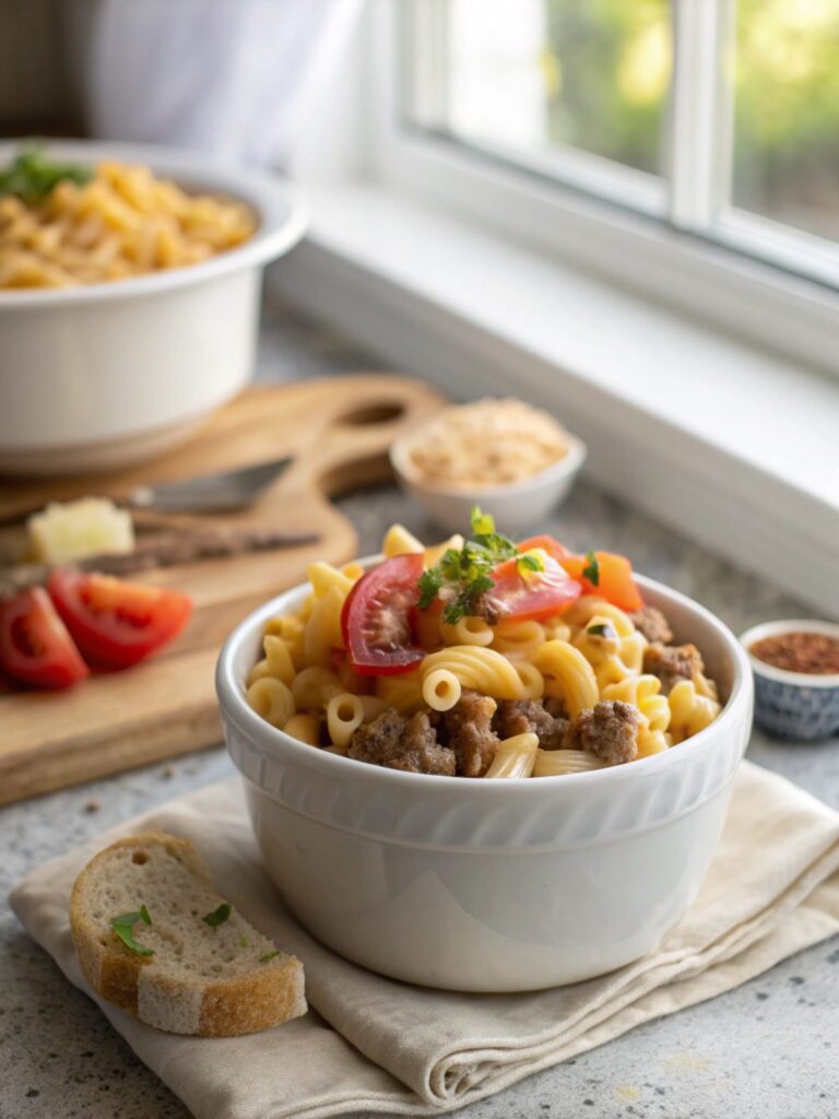 SEO-friendly alt text describing the featured image of Cheesy Hamburger Helper Pasta