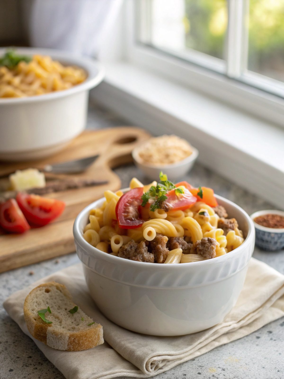 SEO-friendly alt text describing the featured image of Cheesy Hamburger Helper Pasta
